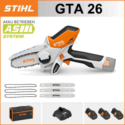 STIHL GTA 26*1, lítium akkumulátor*3, tárolódoboz*1, vezetőlemez*3, lánc*3, töltő*1