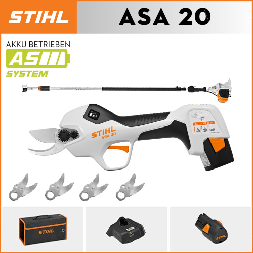 STIHL ASA20*1, lítium akkumulátor*1, tárolódoboz*1, vágófej*5, töltő*1, teleszkópos nyél*1