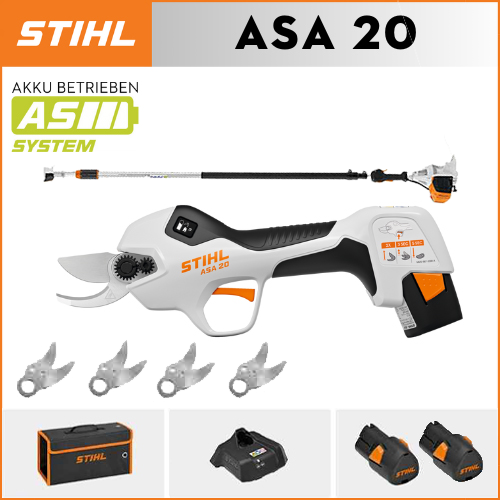STIHL ASA20*1, lítium akkumulátor*2, tárolódoboz*1, vágófej*5, töltő*1, teleszkópos nyél*1