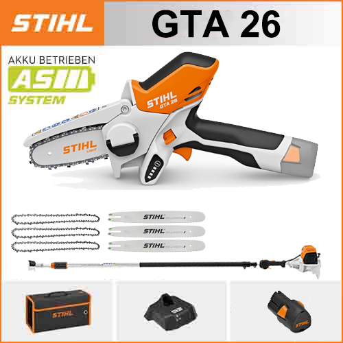 STIHL GTA 26*1, lítium akkumulátor*1, tárolódoboz*1, vezetőlapok*3, láncok*3, töltő*1, teleszkópos nyél*1