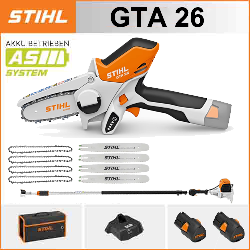 STIHL GTA 26*1, lítium akkumulátor*2, tárolódoboz*1, vezetőlemez*4, lánc*4, töltő*1, teleszkópos nyél*1